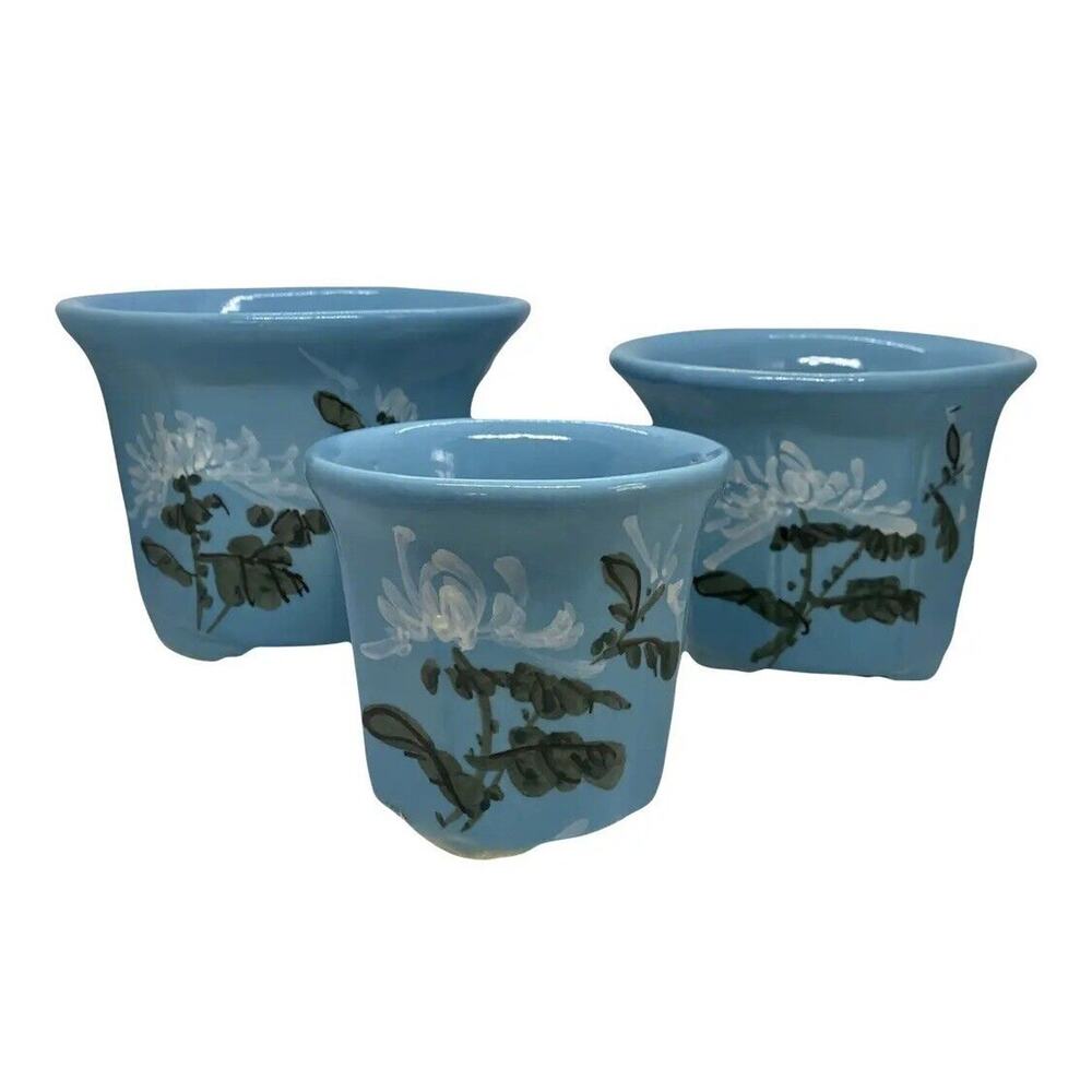 Mid 20th Century HandPainted French Blue Ceramic Planter Flower Pots Set of 3